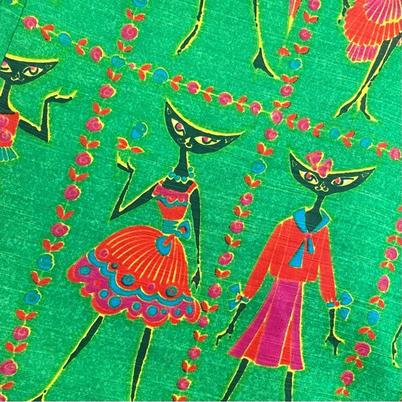 Vintage l 60s M Novelty Tribal Fashionista Kitty Black Cat Cuff Sleeve Blouse - Picture 10 of 16